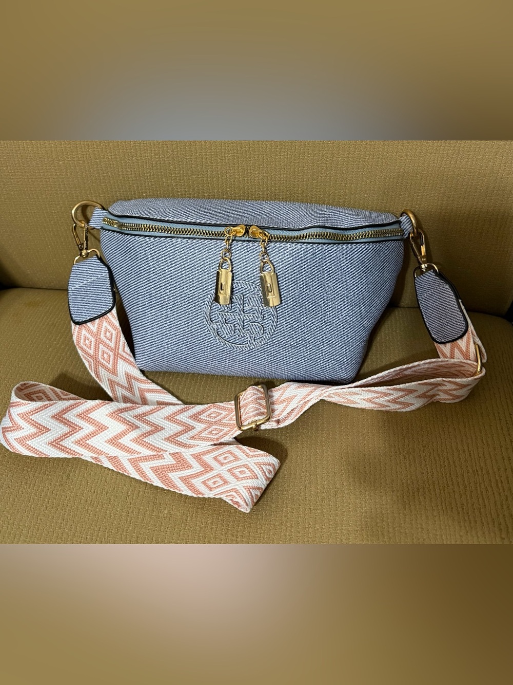 Light Blue Textured Crossbody Bag with Pink Patterned Strap